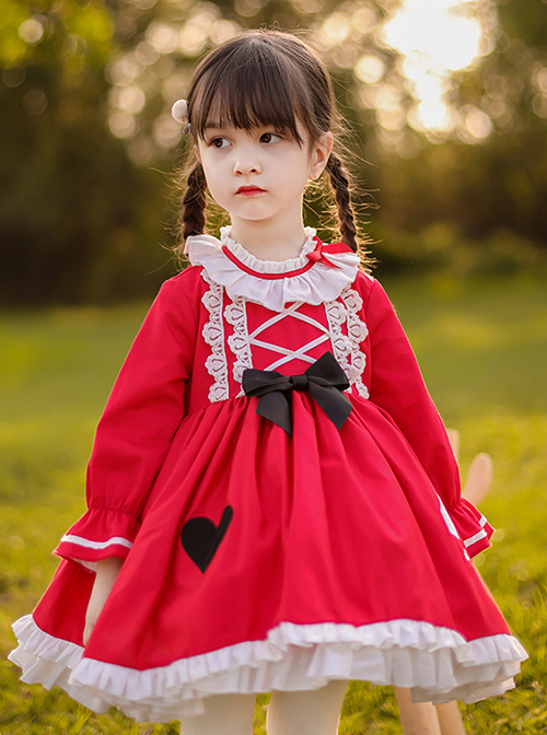 Classic Lolita Red Pleated Doll Neckline Lace Trim Black And White Peach Heart Shape Decoration Long Sleeve Kid Princess Dress