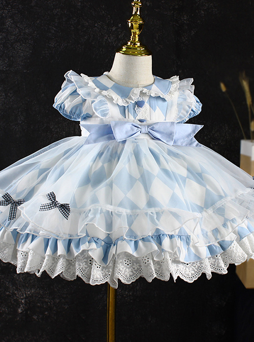 Blue And White Diamond Pattern Design Ruched Lace Hem Bow Knitted Mesh Classic Lolita Cute Doll Neckline Short Sleeve Kid Dress