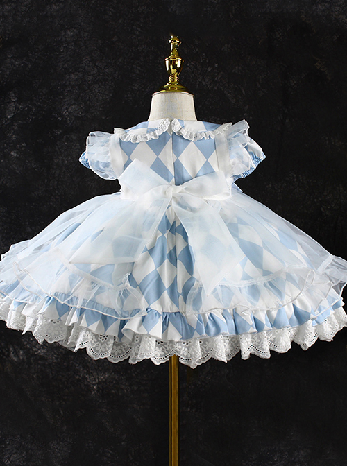 Blue And White Diamond Pattern Design Ruched Lace Hem Bow Knitted Mesh Classic Lolita Cute Doll Neckline Short Sleeve Kid Dress