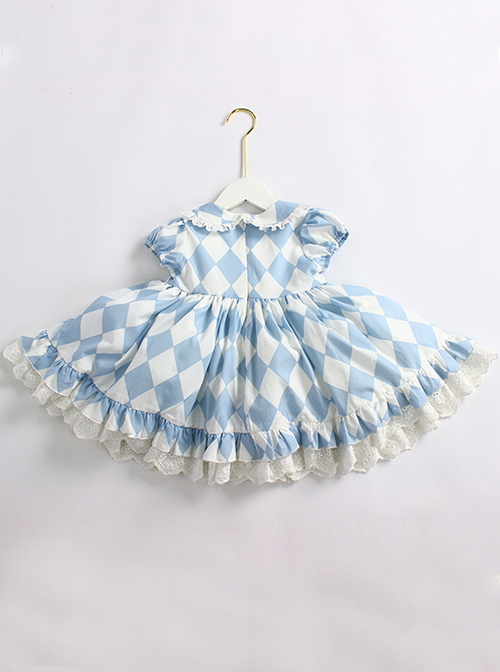 Blue And White Diamond Pattern Design Ruched Lace Hem Bow Knitted Mesh Classic Lolita Cute Doll Neckline Short Sleeve Kid Dress