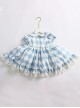 Blue And White Diamond Pattern Design Ruched Lace Hem Bow Knitted Mesh Classic Lolita Cute Doll Neckline Short Sleeve Kid Dress