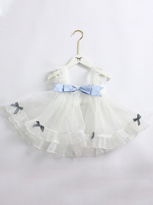 Blue And White Diamond Pattern Design Ruched Lace Hem Bow Knitted Mesh Classic Lolita Cute Doll Neckline Short Sleeve Kid Dress