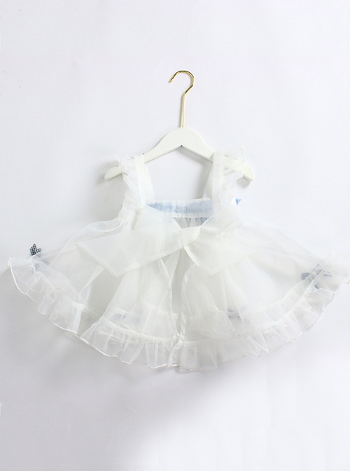Blue And White Diamond Pattern Design Ruched Lace Hem Bow Knitted Mesh Classic Lolita Cute Doll Neckline Short Sleeve Kid Dress