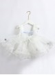 Blue And White Diamond Pattern Design Ruched Lace Hem Bow Knitted Mesh Classic Lolita Cute Doll Neckline Short Sleeve Kid Dress