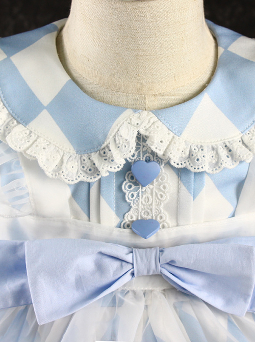 Blue And White Diamond Pattern Design Ruched Lace Hem Bow Knitted Mesh Classic Lolita Cute Doll Neckline Short Sleeve Kid Dress