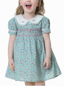  Pleated Hand-Embroidered Flower Decoration Cute Doll Neckline Short Sleeve Kid Floral Dress