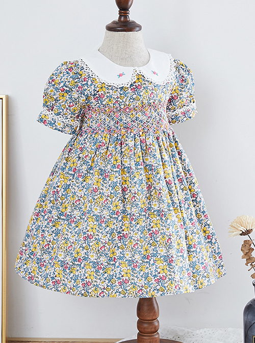  Pleated Hand-Embroidered Flower Decoration Cute Doll Neckline Short Sleeve Kid Floral Dress