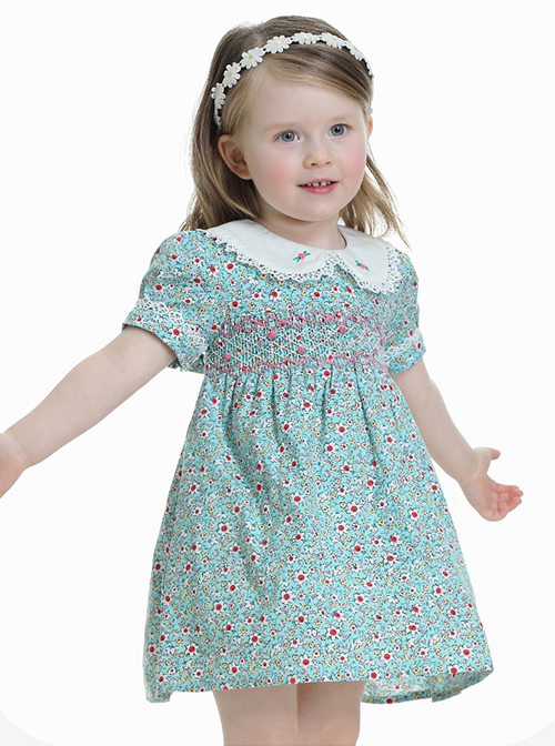  Pleated Hand-Embroidered Flower Decoration Cute Doll Neckline Short Sleeve Kid Floral Dress