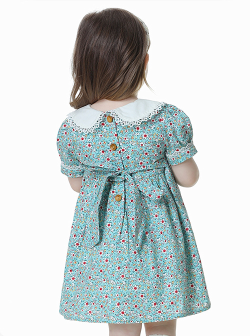  Pleated Hand-Embroidered Flower Decoration Cute Doll Neckline Short Sleeve Kid Floral Dress