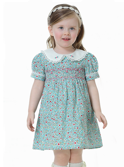  Pleated Hand-Embroidered Flower Decoration Cute Doll Neckline Short Sleeve Kid Floral Dress