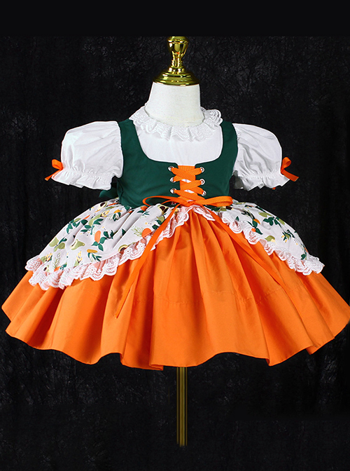 Floral-Print Pleated Lace Hem Cross-Strap Vest Design Lace Doll Neckline Classic Lolita Kid Orange Dress