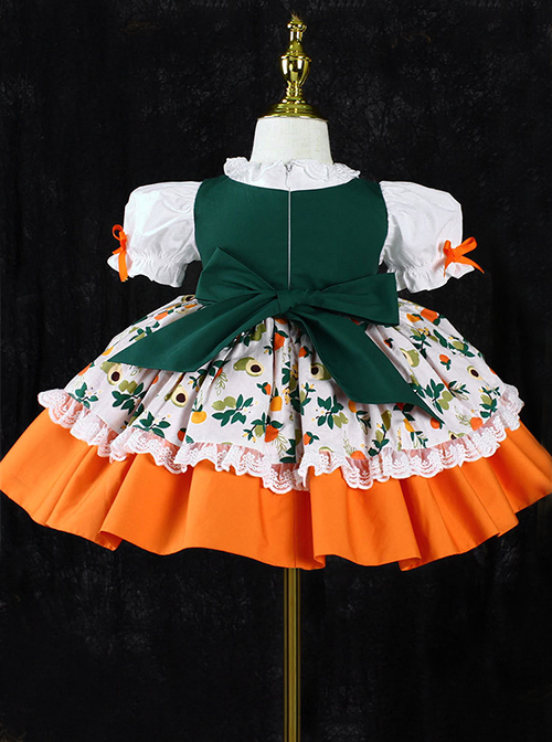 Floral-Print Pleated Lace Hem Cross-Strap Vest Design Lace Doll Neckline Classic Lolita Kid Orange Dress
