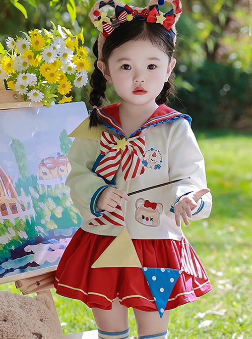 Circus Kindergarten Series Cute Sailor Square Neckline Bow Knot Decoration Pleated Lace JK Skirt Set