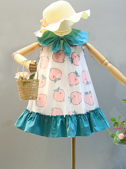 Sweet Peach Print Mesh Decoration Pleated Hem Doll Neck Bow Knot Classic Lolita Sleeveless Dress