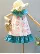 Sweet Peach Print Mesh Decoration Pleated Hem Doll Neck Bow Knot Classic Lolita Sleeveless Dress