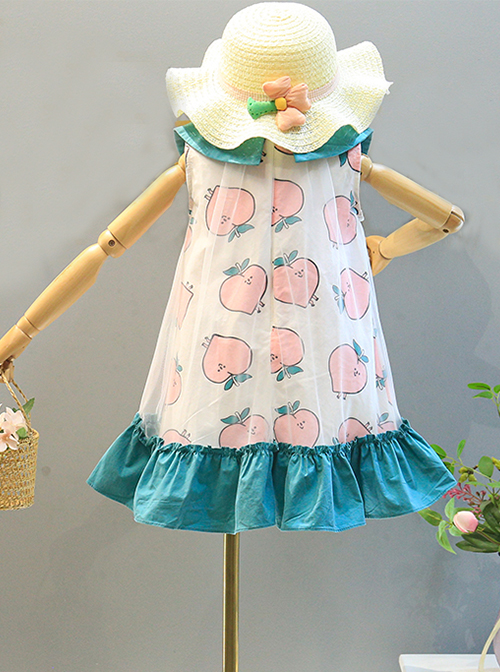 Sweet Peach Print Mesh Decoration Pleated Hem Doll Neck Bow Knot Classic Lolita Sleeveless Dress