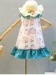 Sweet Peach Print Mesh Decoration Pleated Hem Doll Neck Bow Knot Classic Lolita Sleeveless Dress