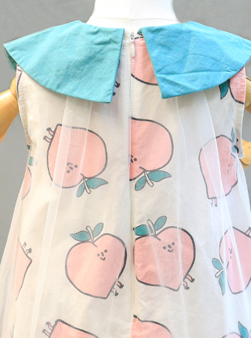 Sweet Peach Print Mesh Decoration Pleated Hem Doll Neck Bow Knot Classic Lolita Sleeveless Dress