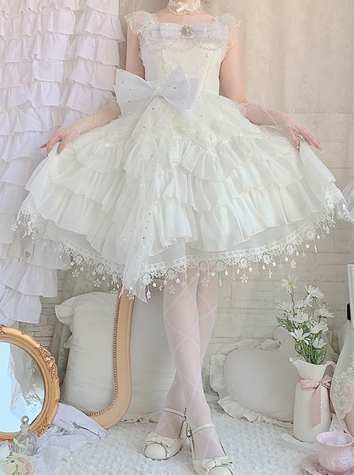 Snow Series JSK Solid Color Layered Pleated Lace Jacquard Star Embroidery Hem Bow Knot Decoration Sequin Pearl Classic Lolita Dress