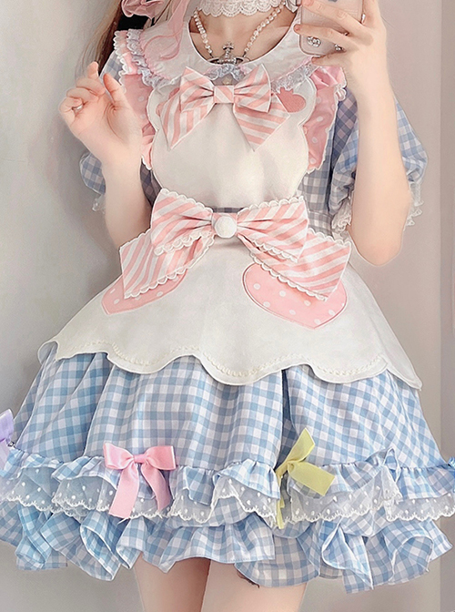 Cute Pastry Chef Checkerboard Design Pleated Ruffled Hem Bow Knot Apron Doll Neckline Classic Lolita Dress