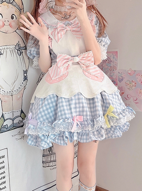 Cute Pastry Chef Checkerboard Design Pleated Ruffled Hem Bow Knot Apron Doll Neckline Classic Lolita Dress