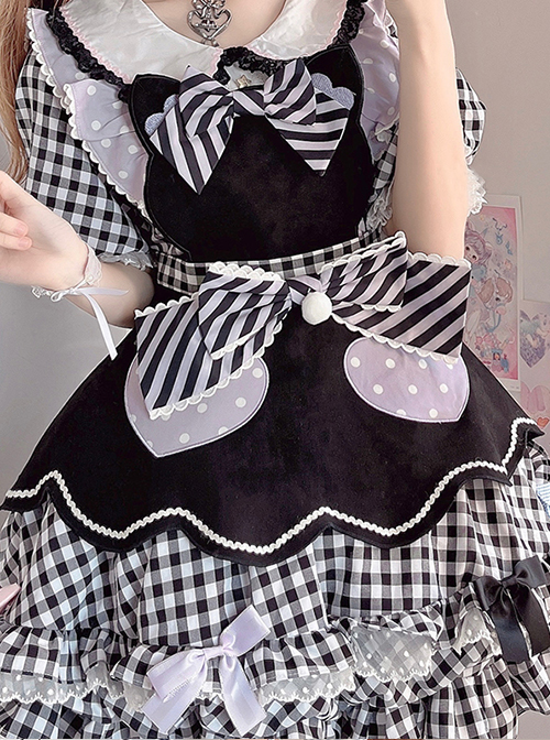 Cute Pastry Chef Checkerboard Design Pleated Ruffled Hem Bow Knot Apron Doll Neckline Classic Lolita Dress