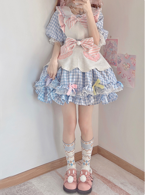 Cute Pastry Chef Checkerboard Design Pleated Ruffled Hem Bow Knot Apron Doll Neckline Classic Lolita Dress