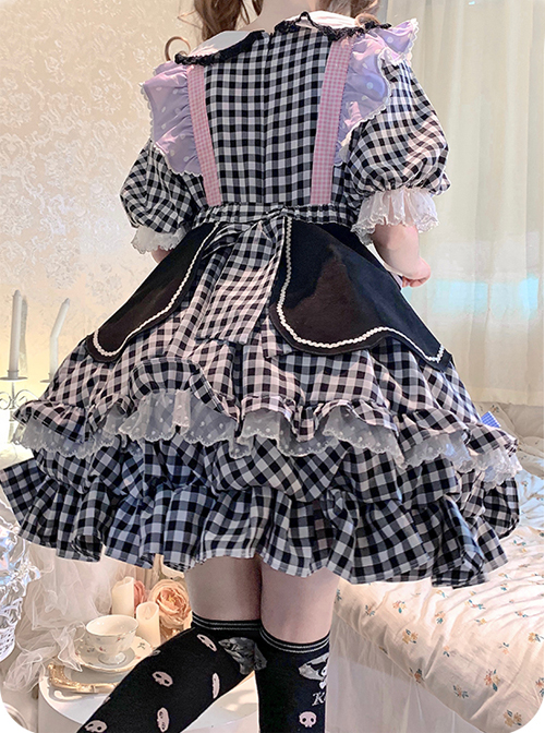 Cute Pastry Chef Checkerboard Design Pleated Ruffled Hem Bow Knot Apron Doll Neckline Classic Lolita Dress