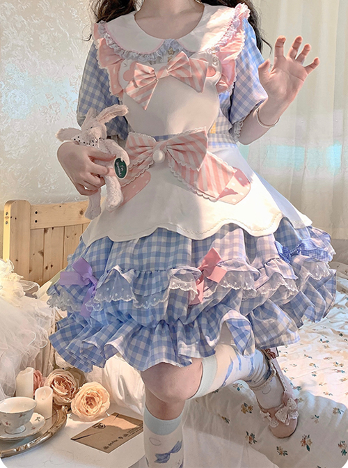 Cute Pastry Chef Checkerboard Design Pleated Ruffled Hem Bow Knot Apron Doll Neckline Classic Lolita Dress