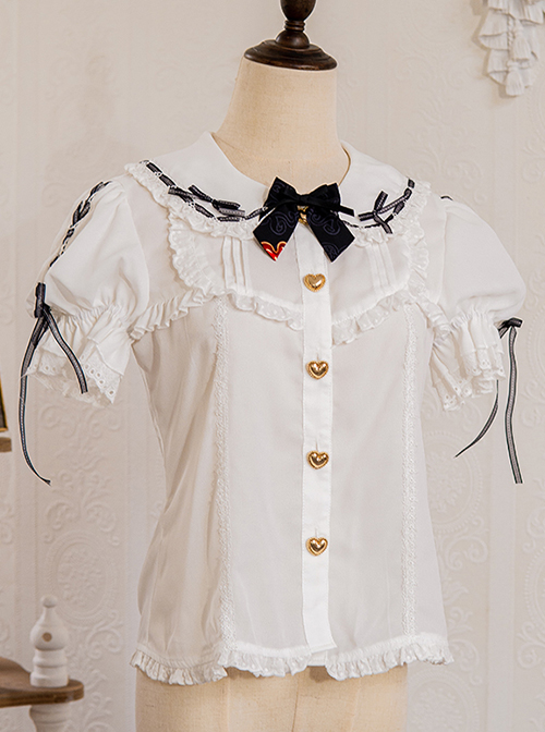 Solid Color Cute Bear Ear Design Lace Bow Knot Doll Neckline Metal Heart Button Decoration Sweet Lolita Short Sleeve Shirt