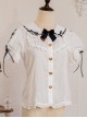 Solid Color Cute Bear Ear Design Lace Bow Knot Doll Neckline Metal Heart Button Decoration Classic Lolita Short Sleeve Shirt