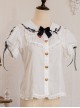 Solid Color Cute Bear Ear Design Lace Bow Knot Doll Neckline Metal Heart Button Decoration Sweet Lolita Short Sleeve Shirt