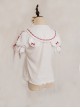 Solid Color Cute Bear Ear Design Lace Bow Knot Doll Neckline Metal Heart Button Decoration Sweet Lolita Short Sleeve Shirt