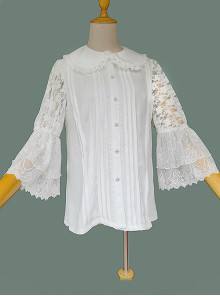 Classic Lolita Solid Color Pleated Doll Neckline Elegant Retro Openwork Jacquard Embroidery Trumpet Sleeve Blouse