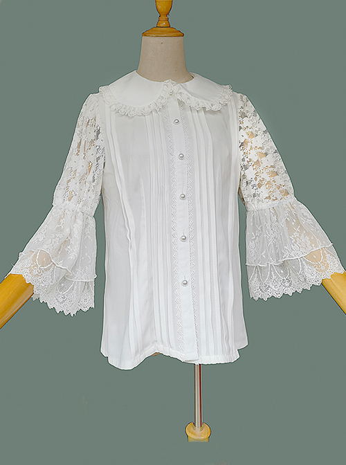 Classic Lolita Solid Color Pleated Doll Neckline Elegant Retro Openwork Jacquard Embroidery Trumpet Sleeve Blouse