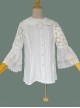 Classic Lolita Solid Color Pleated Doll Neckline Elegant Retro Openwork Jacquard Embroidery Trumpet Sleeve Blouse