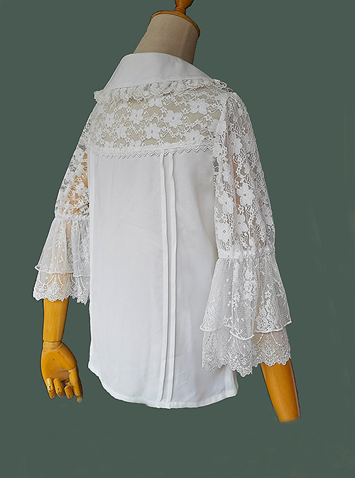 Classic Lolita Solid Color Pleated Doll Neckline Elegant Retro Openwork Jacquard Embroidery Trumpet Sleeve Blouse