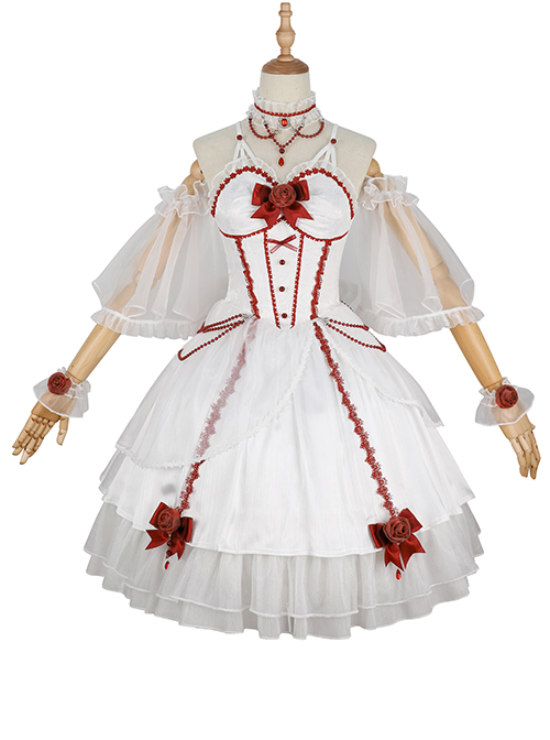 Elegant And Delicate Red Jacquard Lace Pure White Slim Court Style JSK Detachable Flared Sleeves Classic Lolita Dress Set