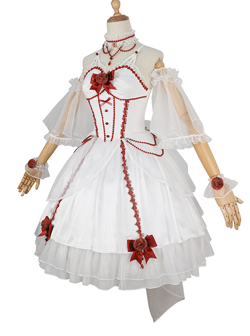 Elegant And Delicate Red Jacquard Lace Pure White Slim Court Style JSK Detachable Flared Sleeves Classic Lolita Dress Set