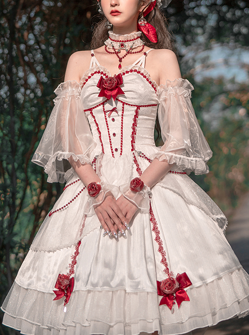 Elegant And Delicate Red Jacquard Lace Pure White Slim Court Style JSK Detachable Flared Sleeves Classic Lolita Dress Set