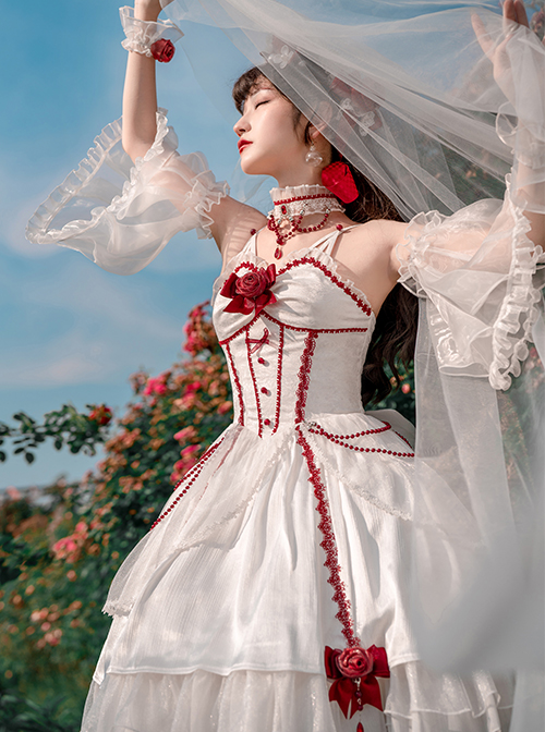 Elegant And Delicate Red Jacquard Lace Pure White Slim Court Style JSK Detachable Flared Sleeves Classic Lolita Dress Set