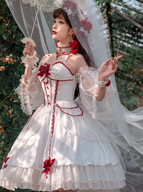 Elegant And Delicate Red Jacquard Lace Pure White Slim Court Style JSK Detachable Flared Sleeves Classic Lolita Dress Set