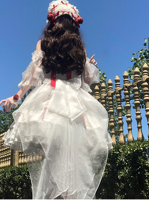 Elegant And Delicate Red Jacquard Lace Pure White Slim Court Style JSK Detachable Flared Sleeves Classic Lolita Dress Set