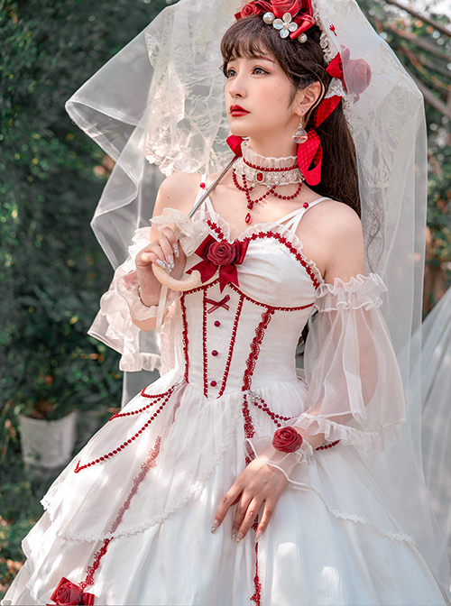 Elegant And Delicate Red Jacquard Lace Pure White Slim Court Style JSK Detachable Flared Sleeves Classic Lolita Dress Set