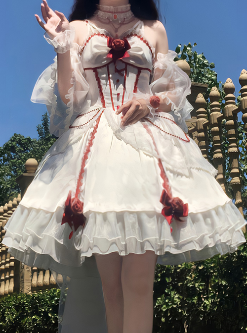 Elegant And Delicate Red Jacquard Lace Pure White Slim Court Style JSK Detachable Flared Sleeves Classic Lolita Dress Set