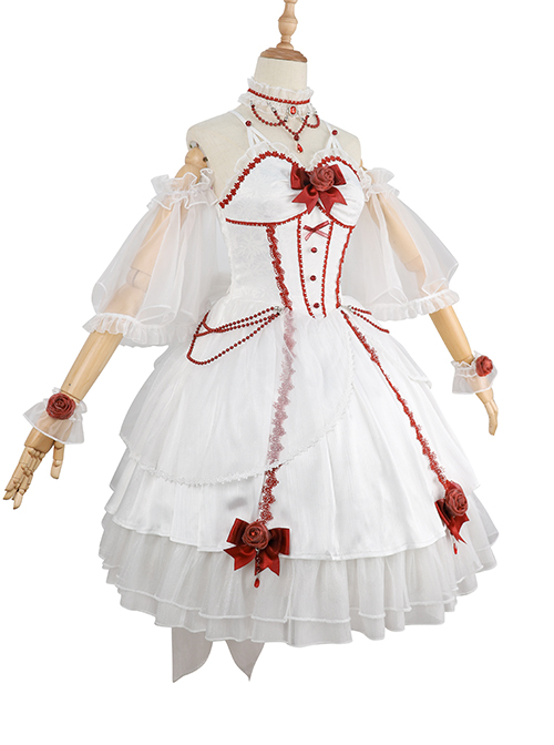 Elegant And Delicate Red Jacquard Lace Pure White Slim Court Style JSK Detachable Flared Sleeves Classic Lolita Dress Set