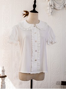 Simple Routine Pure White Pleated Trim Cute Puff Sleeves Classic Lolita Shirt