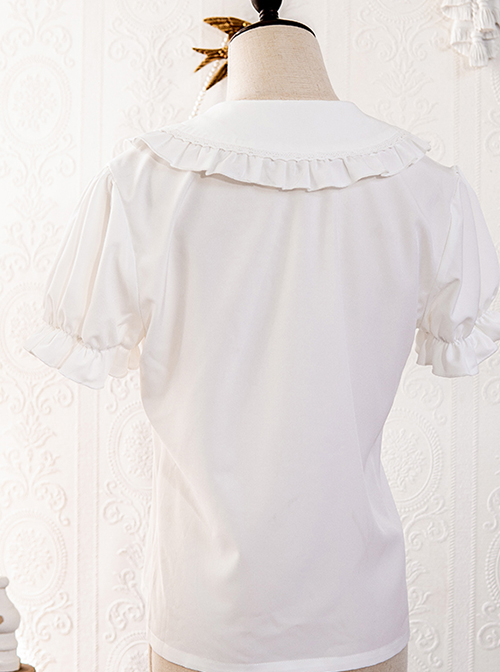 Simple Routine Pure White Pleated Trim Cute Puff Sleeves Classic Lolita Shirt