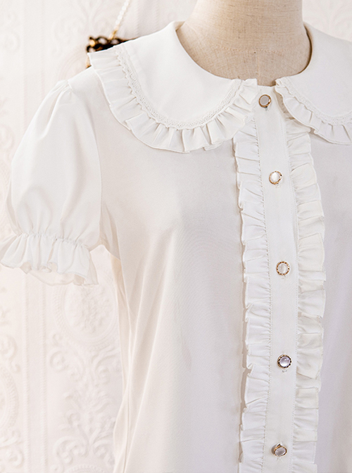 Simple Routine Pure White Pleated Trim Cute Puff Sleeves Classic Lolita Shirt