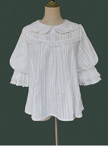 Classic Lolita Cotton Vertical Stripes Pleated Lace Trim Doll Neckline Bow Knot Decoration Flared Sleeve Blouse